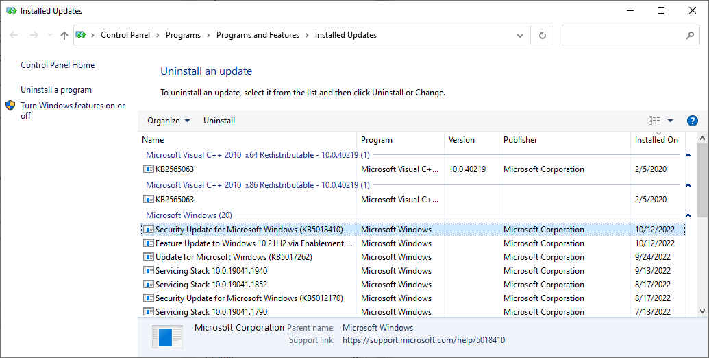 Uninstall the October 2022 Update to Windows 10